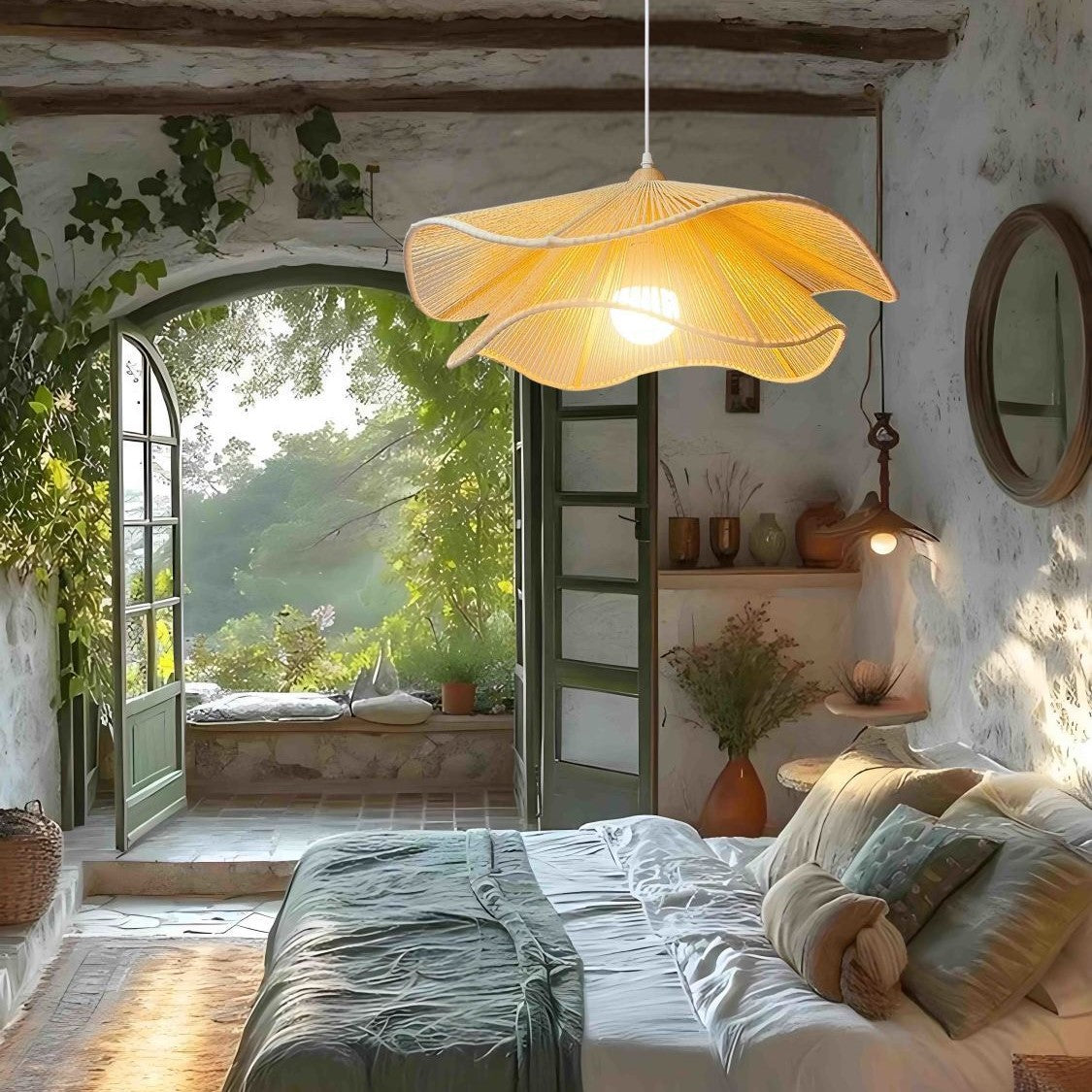Vintage Corrugated Hemp Rope Pendant Light - 1-Light for Dining Room