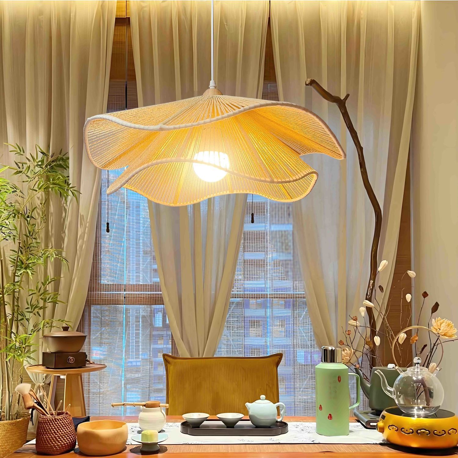 Vintage Corrugated Hemp Rope Pendant Light - 1-Light for Dining Room