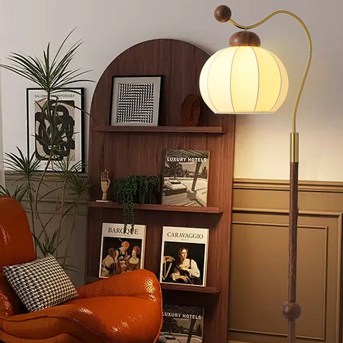 Vintage Fabric Lantern Shade Arc Iron Rod Floor Lamp for Study, 1-Light Design