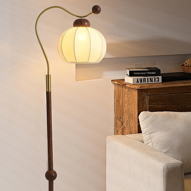 Vintage Fabric Lantern Shade Arc Iron Rod Floor Lamp for Study, 1-Light Design