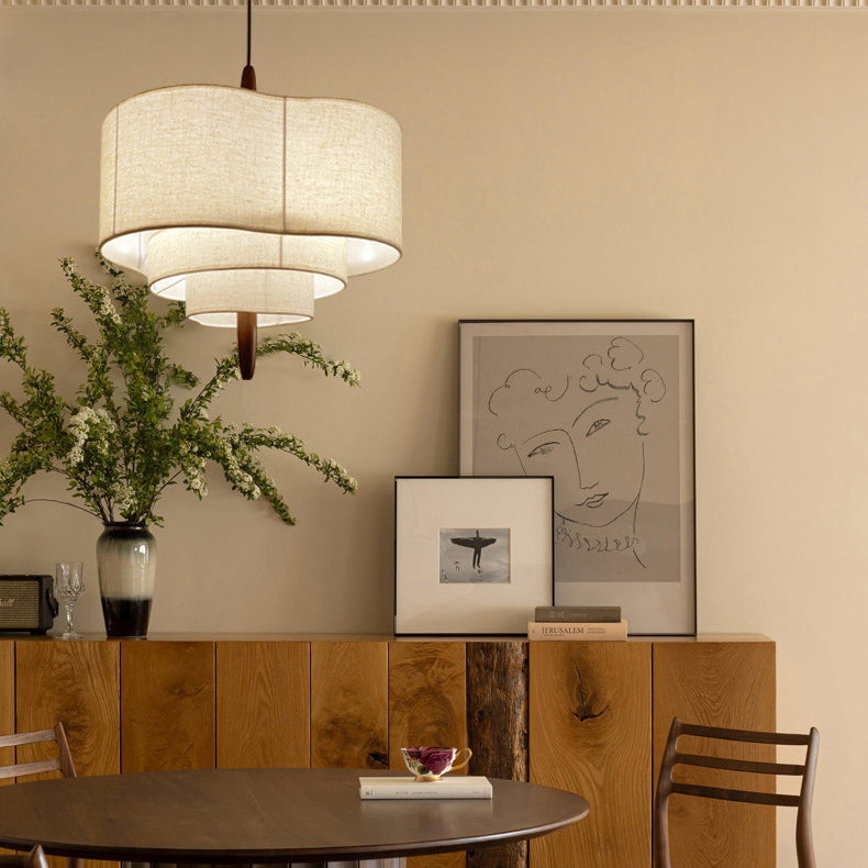 Traditional French 3-Light Pendant Light - Solid Wood & Corrugated Fabric Shade for Living Room