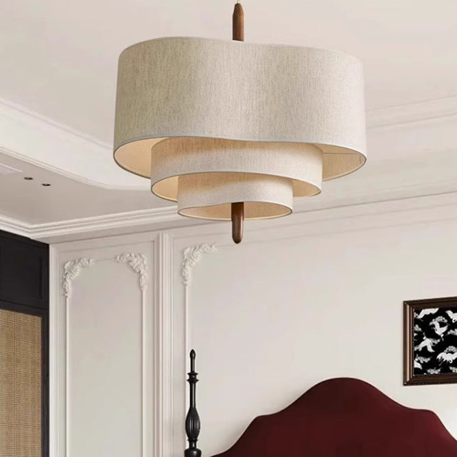 Traditional French 3-Light Pendant Light - Solid Wood & Corrugated Fabric Shade for Living Room