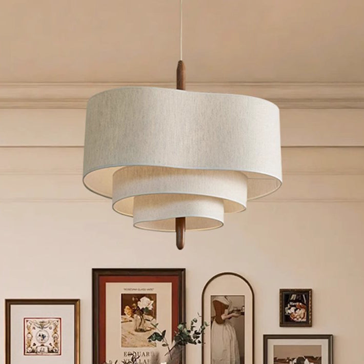 Traditional French 3-Light Pendant Light - Solid Wood & Corrugated Fabric Shade for Living Room