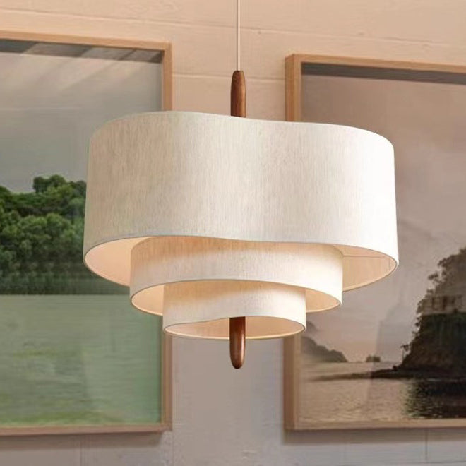 Traditional French 3-Light Pendant Light - Solid Wood & Corrugated Fabric Shade for Living Room