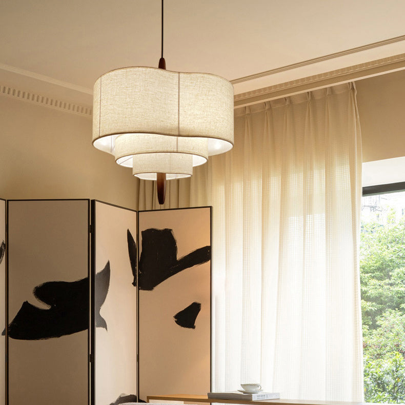 Traditional French 3-Light Pendant Light - Solid Wood & Corrugated Fabric Shade for Living Room