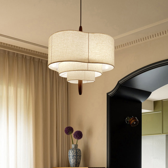 Traditional French 3-Light Pendant Light - Solid Wood & Corrugated Fabric Shade for Living Room