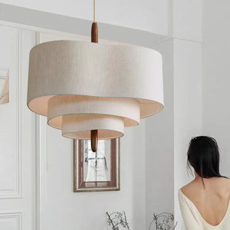 Traditional French 3-Light Pendant Light - Solid Wood & Corrugated Fabric Shade for Living Room