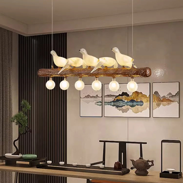 Vintage Resin Imitation Branch Bird Chandelier - 3/5/8/6/11/17-Light Island Light for Living Room