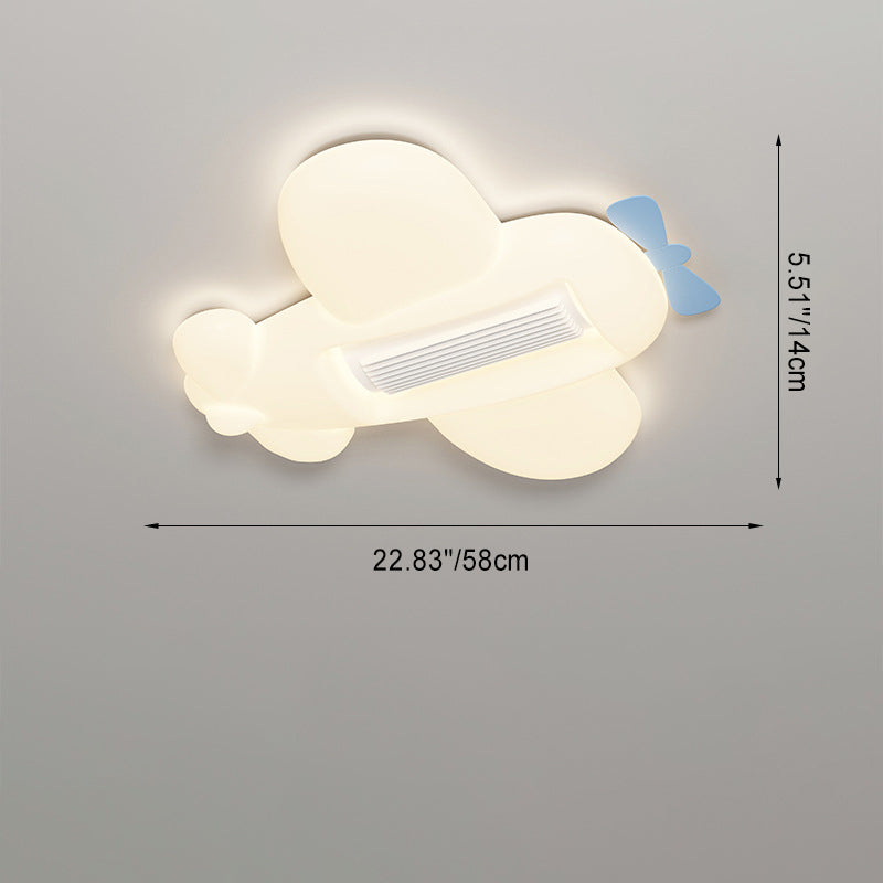 Contemporary Cartoon Airplane Cloud LED Ceiling Fan Light - Kid's Room Bladeless Flush Mount, PE Shade Design