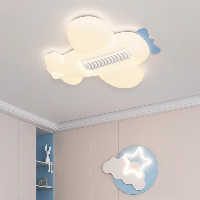 Contemporary Cartoon Airplane Cloud LED Ceiling Fan Light - Kid's Room Bladeless Flush Mount, PE Shade Design
