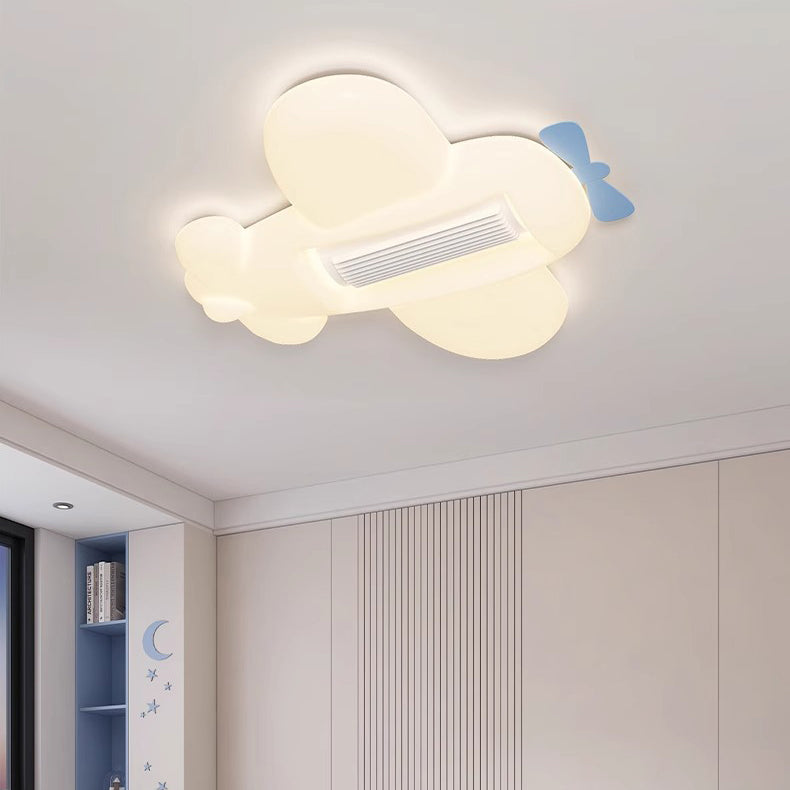 Contemporary Cartoon Airplane Cloud LED Ceiling Fan Light - Kid's Room Bladeless Flush Mount, PE Shade Design