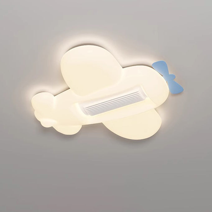 Contemporary Cartoon Airplane Cloud LED Ceiling Fan Light - Kid's Room Bladeless Flush Mount, PE Shade Design