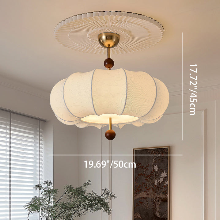French Solid Wood Fabric Round Shade 4-Light Semi-Flush Mount Ceiling Light for Living Room