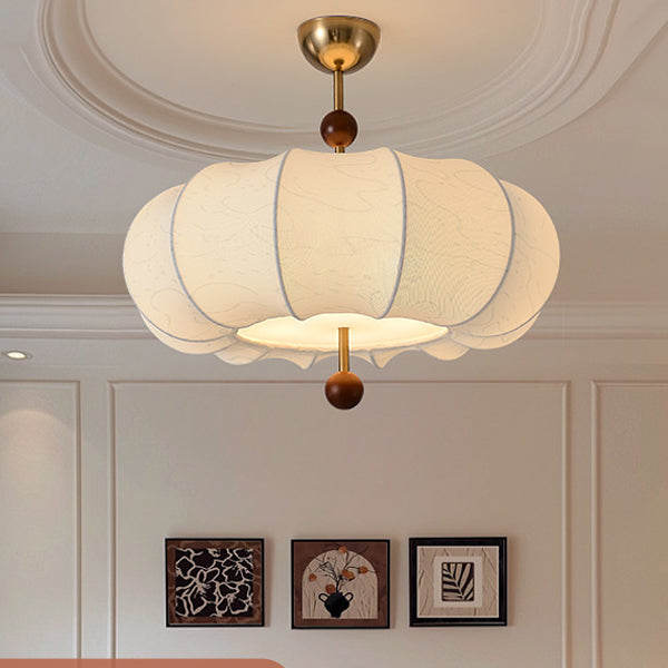 French Solid Wood Fabric Round Shade 4-Light Semi-Flush Mount Ceiling Light for Living Room