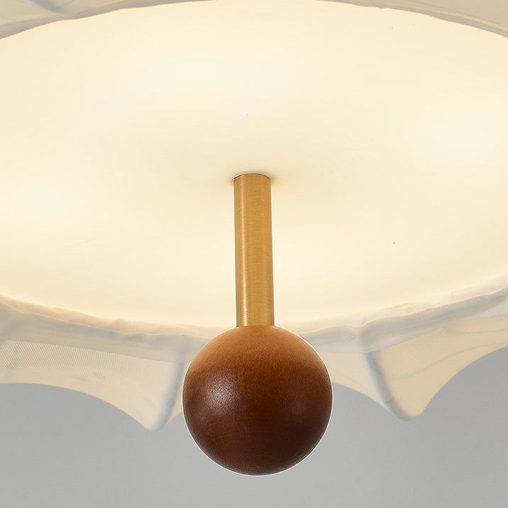 French Solid Wood Fabric Round Shade 4-Light Semi-Flush Mount Ceiling Light for Living Room