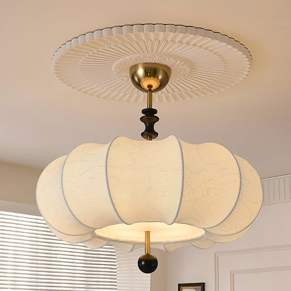 French Solid Wood Fabric Round Shade 4-Light Semi-Flush Mount Ceiling Light for Living Room