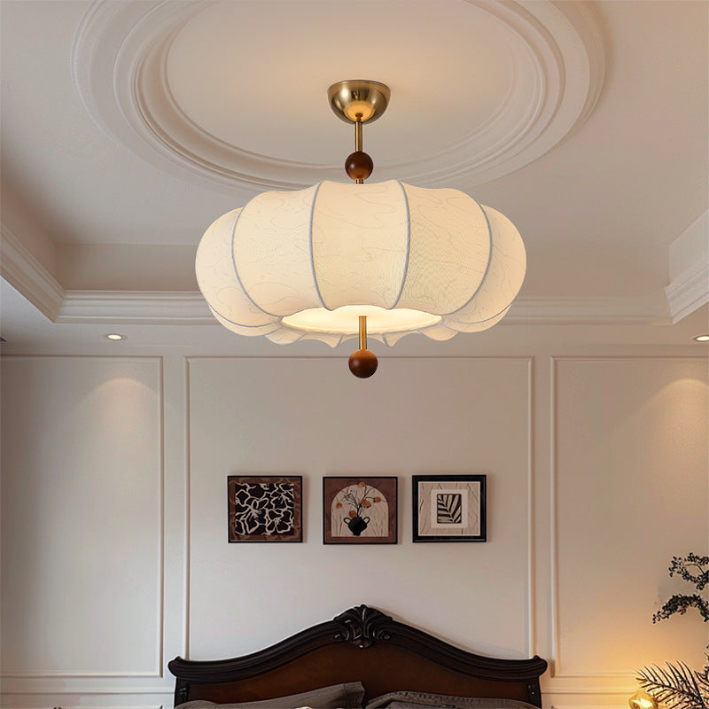 French Solid Wood Fabric Round Shade 4-Light Semi-Flush Mount Ceiling Light for Living Room