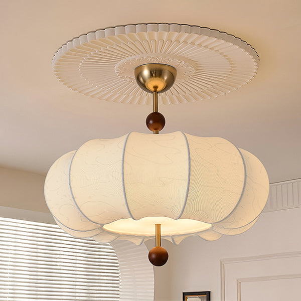 French Solid Wood Fabric Round Shade 4-Light Semi-Flush Mount Ceiling Light for Living Room