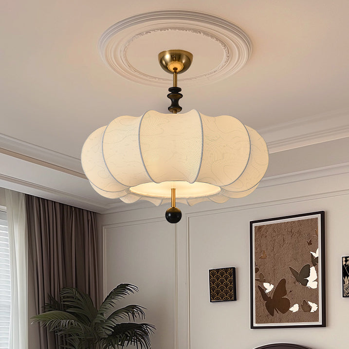 French Solid Wood Fabric Round Shade 4-Light Semi-Flush Mount Ceiling Light for Living Room