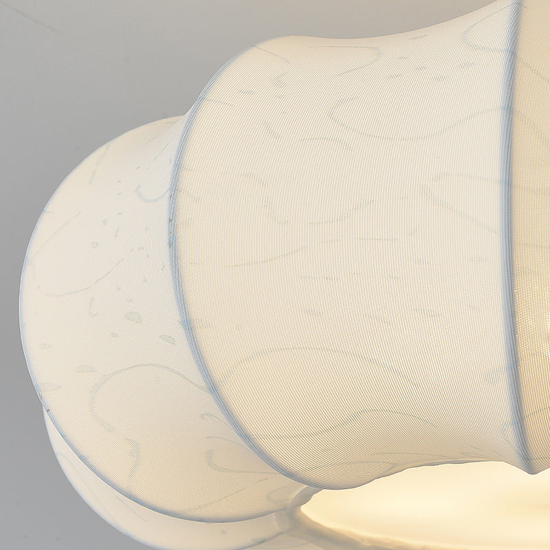 French Solid Wood Fabric Round Shade 4-Light Semi-Flush Mount Ceiling Light for Living Room