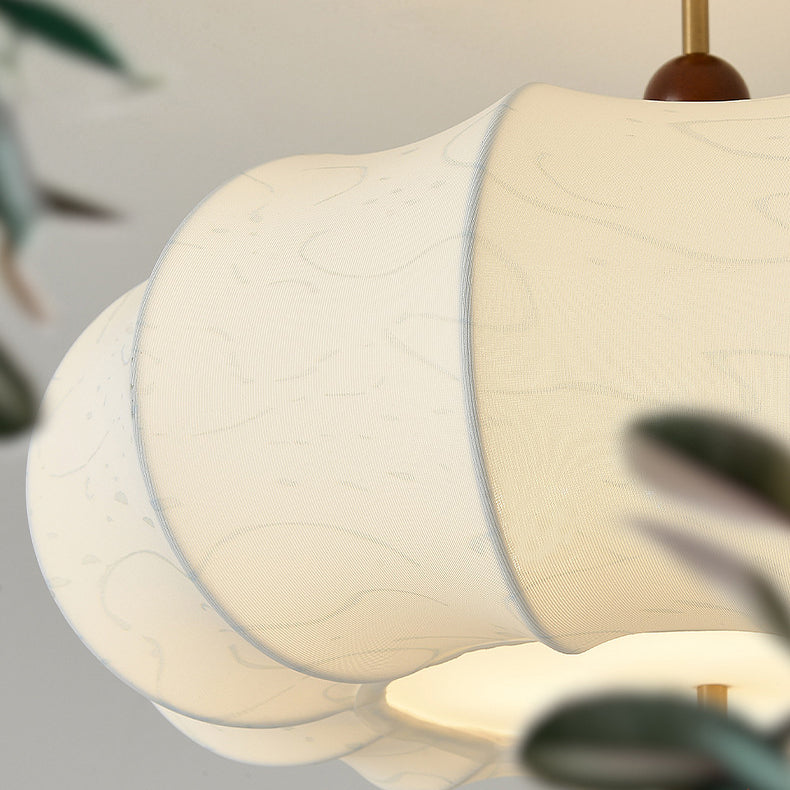 French Solid Wood Fabric Round Shade 4-Light Semi-Flush Mount Ceiling Light for Living Room