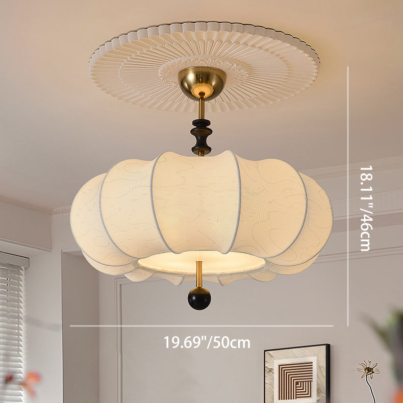 French Solid Wood Fabric Round Shade 4-Light Semi-Flush Mount Ceiling Light for Living Room