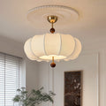 French Solid Wood Fabric Round Shade 4-Light Semi-Flush Mount Ceiling Light for Living Room