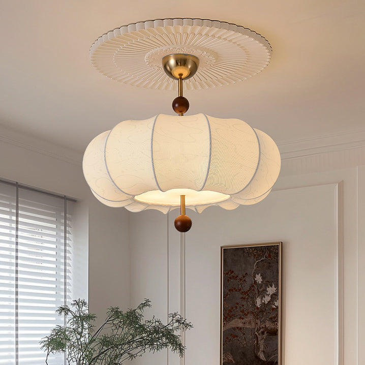 French Solid Wood Fabric Round Shade 4-Light Semi-Flush Mount Ceiling Light for Living Room