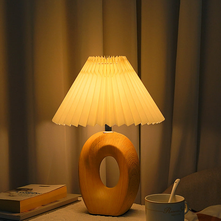 Traditional Japanese Pleated Shade LED Table Lamp - Wood Grain Ceramic Base for Bedside Lighting