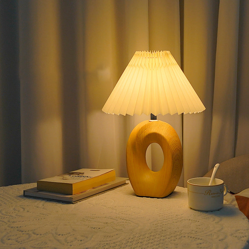 Traditional Japanese Pleated Fabric Shade USB LED Table Lamp with Wood Grain Ceramic Base for Bedside, Asian-Inspired Lighting, Modern Minimalist Home Decor, Eco-Friendly Energy Efficient Light, Elegant Nightstand Accent Lamp, Sculptural Design for Living