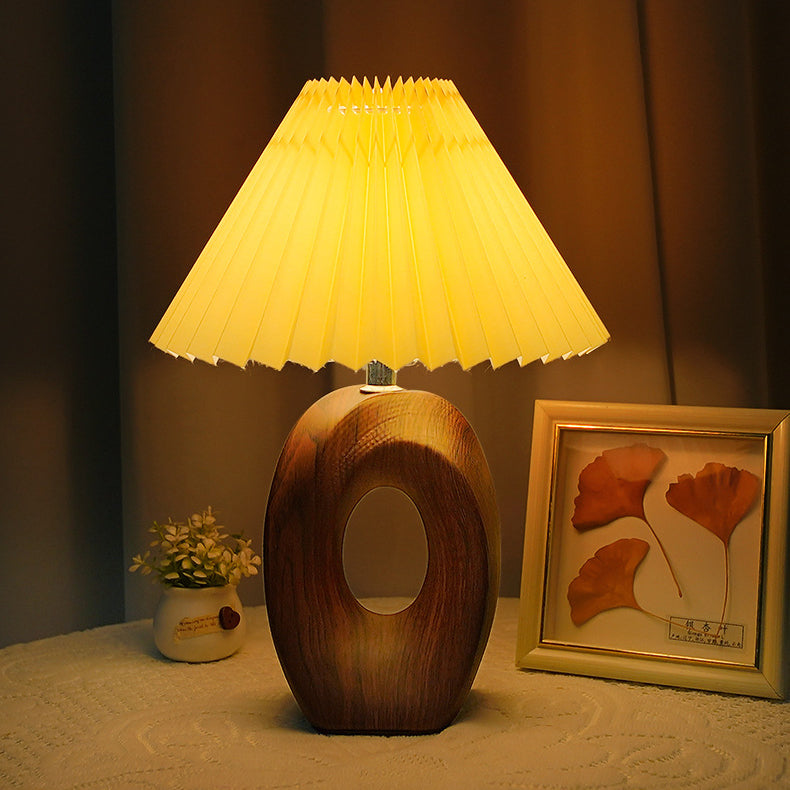 Traditional Japanese Pleated Shade LED Table Lamp - Wood Grain Ceramic Base for Bedside Lighting