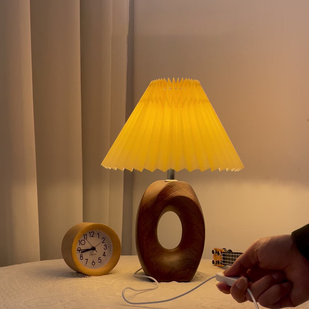 Traditional Japanese Pleated Fabric Shade USB LED Table Lamp with Wood Grain Ceramic Base for Bedside, Asian-Inspired Lighting, Modern Minimalist Home Decor, Eco-Friendly Energy Efficient Light, Elegant Nightstand Accent Lamp, Sculptural Design for Living
