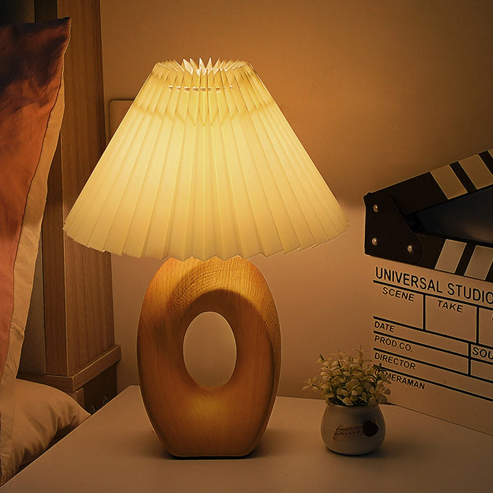 Traditional Japanese Pleated Fabric Shade USB LED Table Lamp with Wood Grain Ceramic Base for Bedside, Asian-Inspired Lighting, Modern Minimalist Home Decor, Eco-Friendly Energy Efficient Light, Elegant Nightstand Accent Lamp, Sculptural Design for Living
