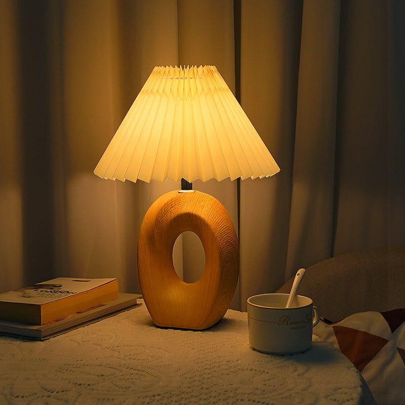 Traditional Japanese Pleated Fabric Shade USB LED Table Lamp with Wood Grain Ceramic Base for Bedside, Asian-Inspired Lighting, Modern Minimalist Home Decor, Eco-Friendly Energy Efficient Light, Elegant Nightstand Accent Lamp, Sculptural Design for Living