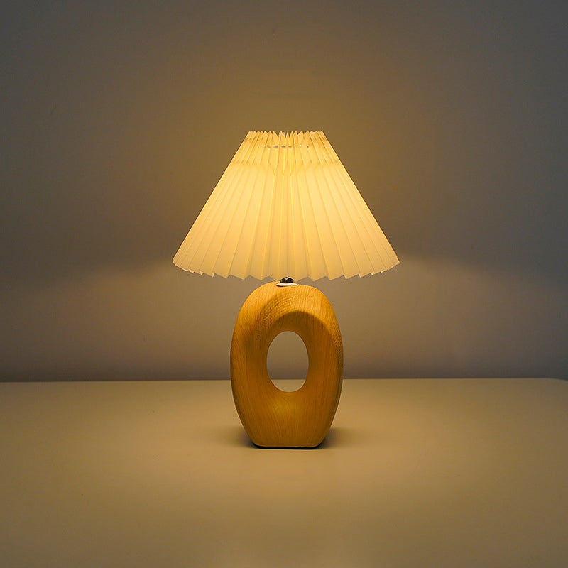 Traditional Japanese Pleated Shade LED Table Lamp - Wood Grain Ceramic Base for Bedside Lighting