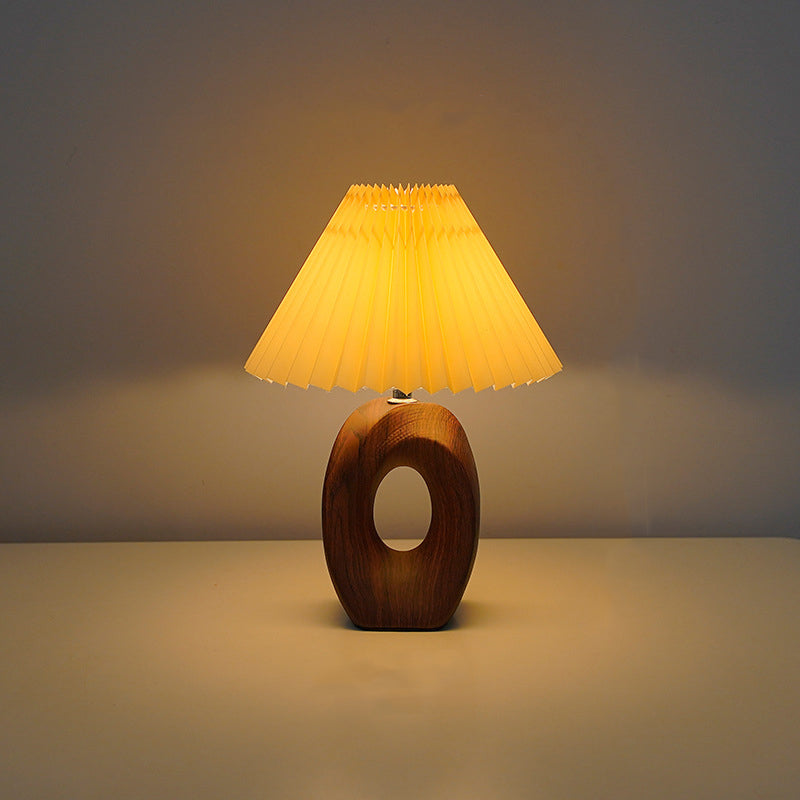 Traditional Japanese Pleated Shade LED Table Lamp - Wood Grain Ceramic Base for Bedside Lighting