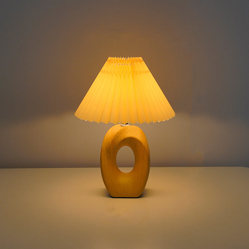 Traditional Japanese Pleated Shade LED Table Lamp - Wood Grain Ceramic Base for Bedside Lighting