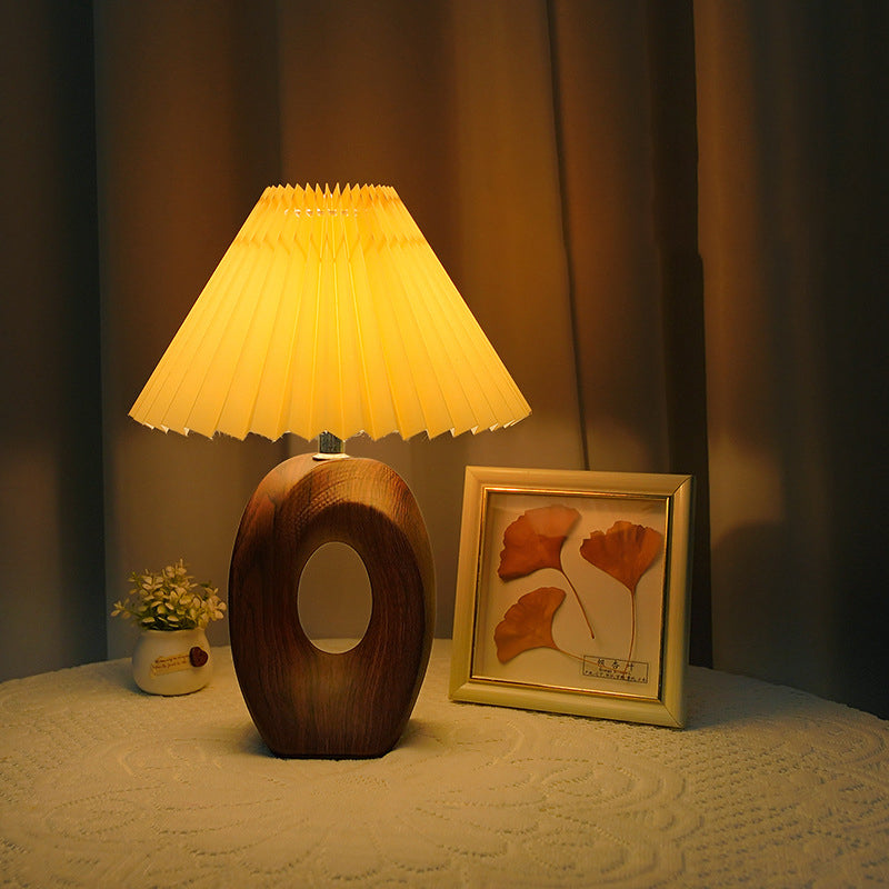 Traditional Japanese Pleated Fabric Shade USB LED Table Lamp with Wood Grain Ceramic Base for Bedside, Asian-Inspired Lighting, Modern Minimalist Home Decor, Eco-Friendly Energy Efficient Light, Elegant Nightstand Accent Lamp, Sculptural Design for Living