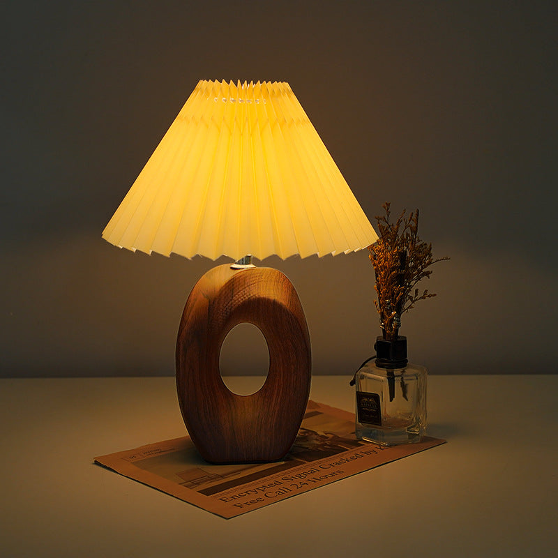Traditional Japanese Pleated Fabric Shade USB LED Table Lamp with Wood Grain Ceramic Base for Bedside, Asian-Inspired Lighting, Modern Minimalist Home Decor, Eco-Friendly Energy Efficient Light, Elegant Nightstand Accent Lamp, Sculptural Design for Living
