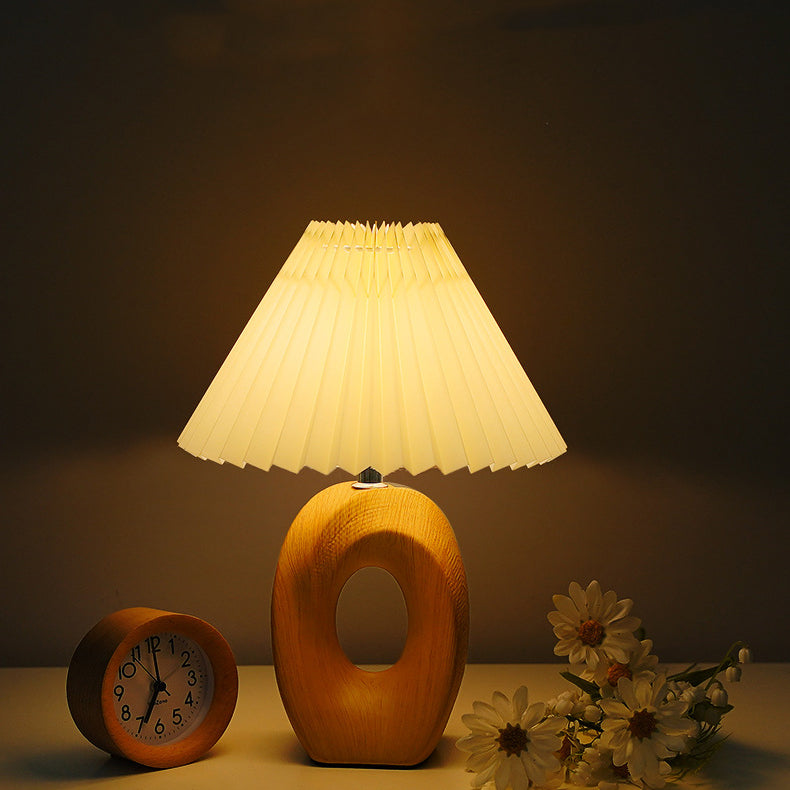 Traditional Japanese Pleated Shade LED Table Lamp - Wood Grain Ceramic Base for Bedside Lighting