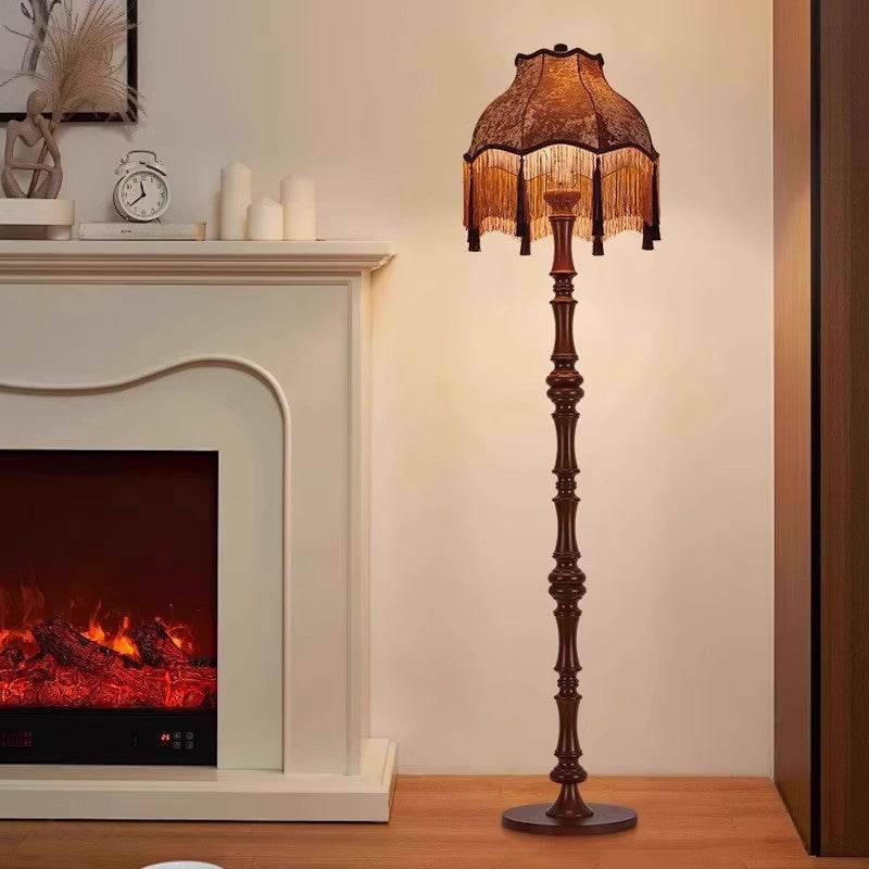 Traditional European Tassel Shade Floor Lamp with Solid Wood Rod – 1-Light for Bedroom