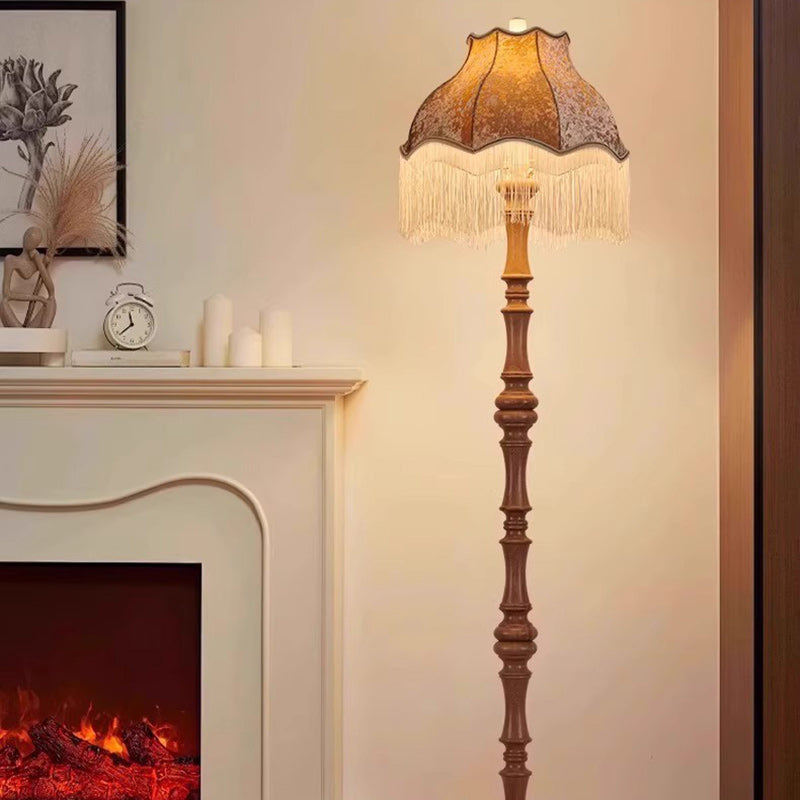Traditional European Tassel Shade Floor Lamp with Solid Wood Rod – 1-Light for Bedroom