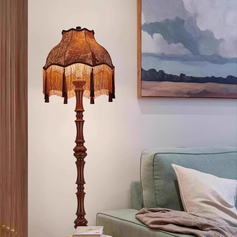 Traditional European Tassel Shade Floor Lamp with Solid Wood Rod – 1-Light for Bedroom