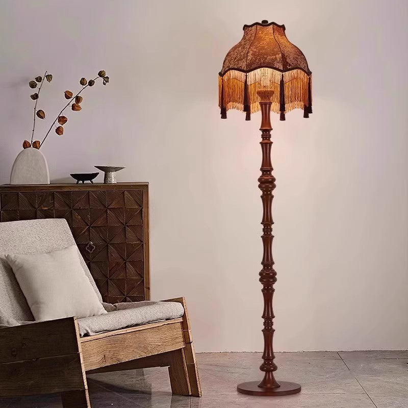 Traditional European Tassel Shade Floor Lamp with Solid Wood Rod – 1-Light for Bedroom