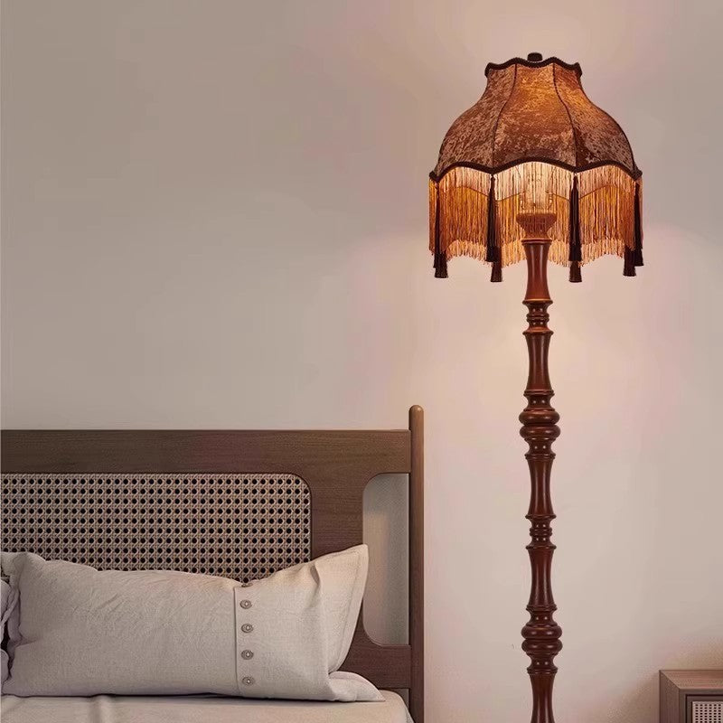 Traditional European Tassel Shade Floor Lamp with Solid Wood Rod – 1-Light for Bedroom