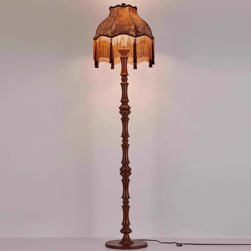 Traditional European Tassel Shade Floor Lamp with Solid Wood Rod – 1-Light for Bedroom