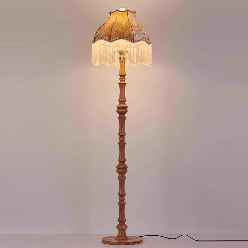 Traditional European Tassel Shade Floor Lamp with Solid Wood Rod – 1-Light for Bedroom