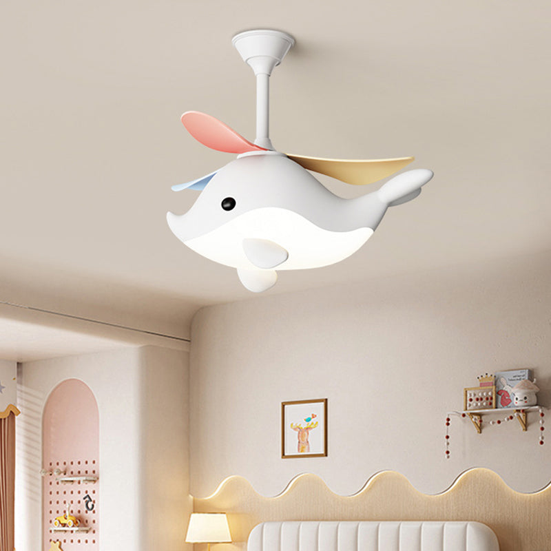 Contemporary Scandinavian Whale Plane LED Ceiling Fan Light - Iron Acrylic Shade, ABS Downrods for Bedroom