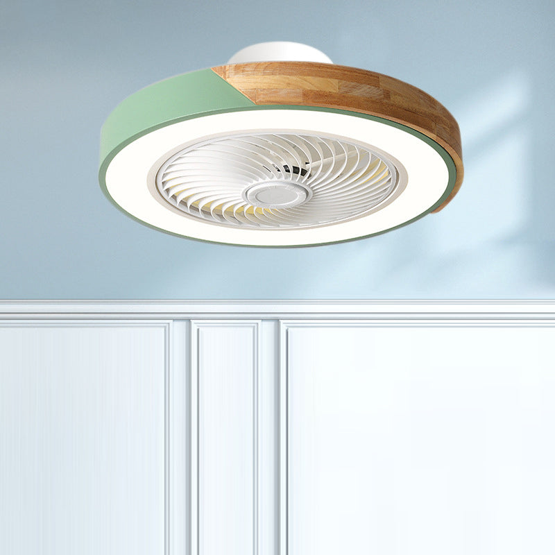 Scandinavian Iron Wood LED Ceiling Fan Light - Silent Semi-Flush Mount for Bedroom