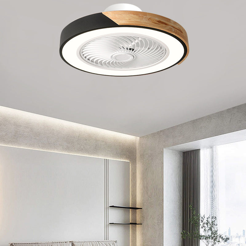 Contemporary Scandinavian Round Iron Solid Wood LED Ceiling Fan Light for Bedroom